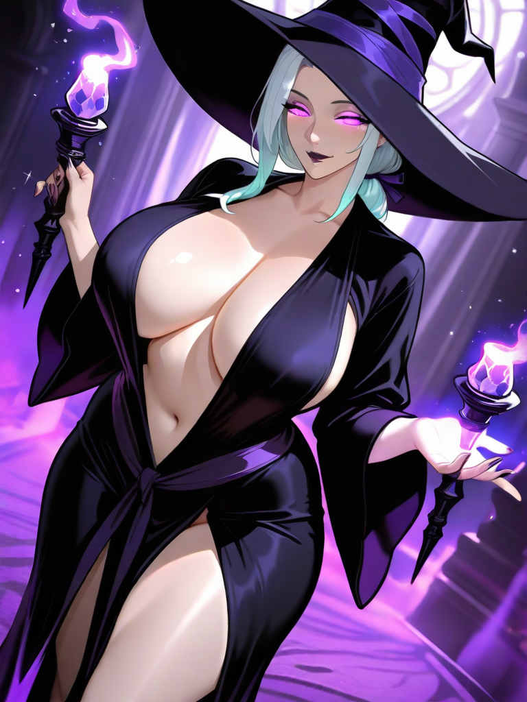 AI hentai: dark sorceress, obsidian tower, glowing purple magic, revealing robe