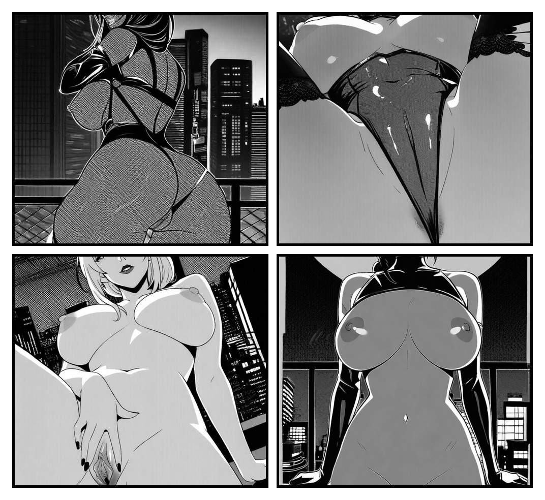 AI generated hentai - succubus in red latex, neon city rooftop (manga page)
