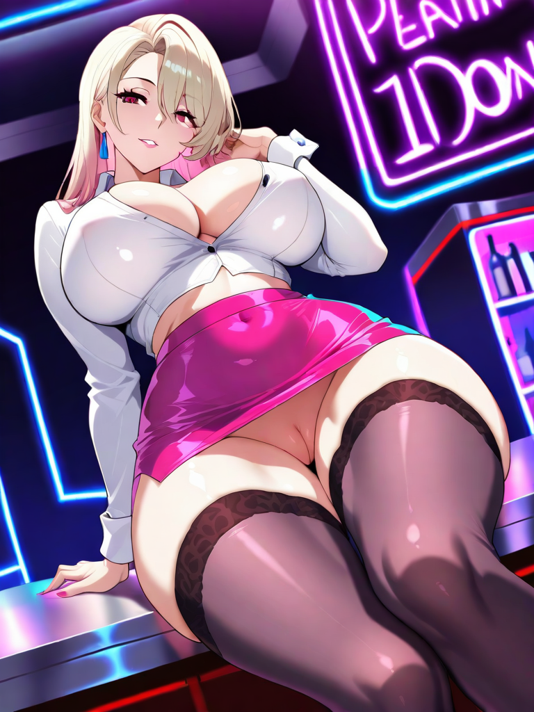 AI generated hentai - The image shows a woman with long platinum-blonde hair sitting in a diner booth. She is wearing a ti