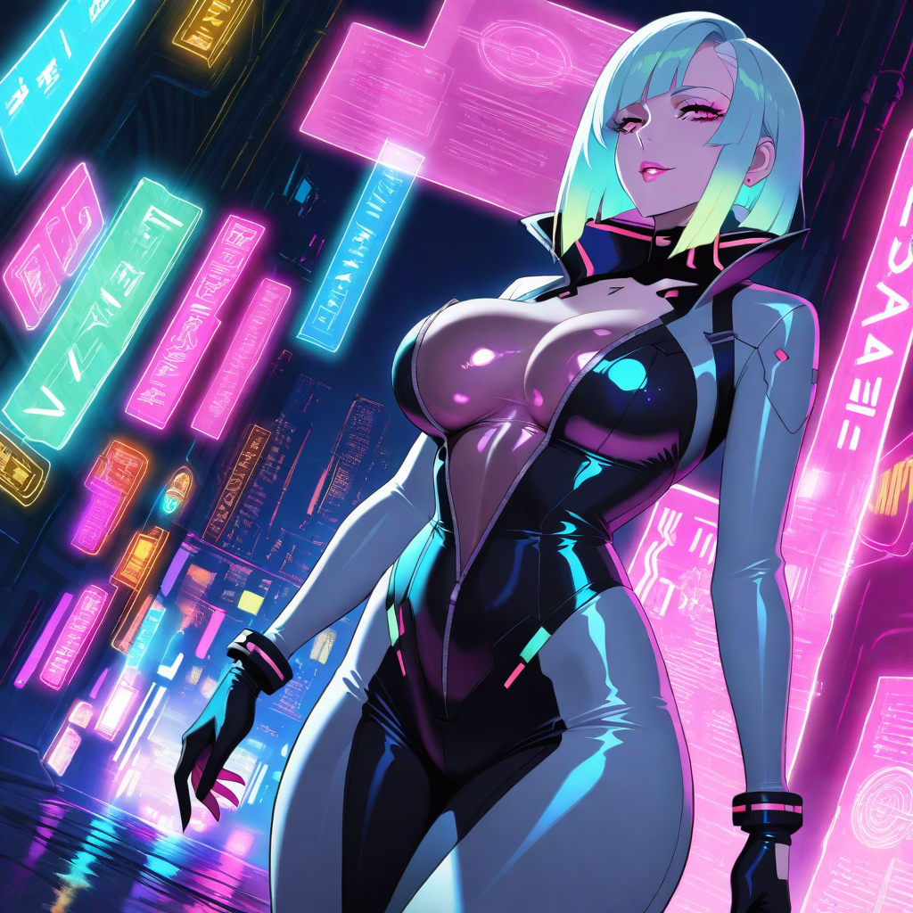 AI hentai: cyberpunk hacker woman, neon alley, bodysuit half-unzipped, holographic screens