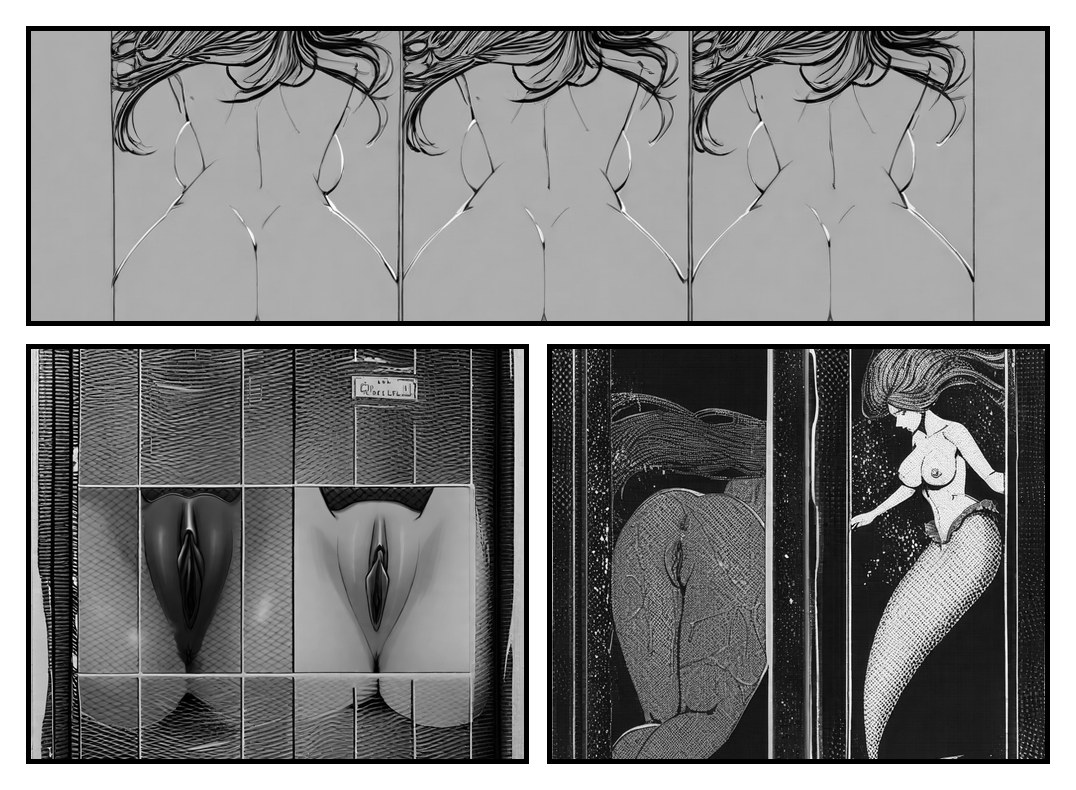 AI generated hentai - mermaid on rocks, moonlit ocean, seashell top, flowing hair (manga page)