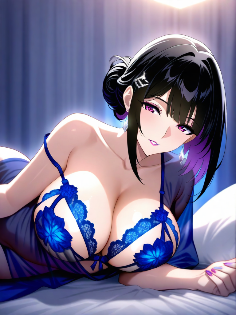 AI generated hentai - anime art of 20 year old girl, short black bob cut hair, hair clip, Large breasts, single back-bun h