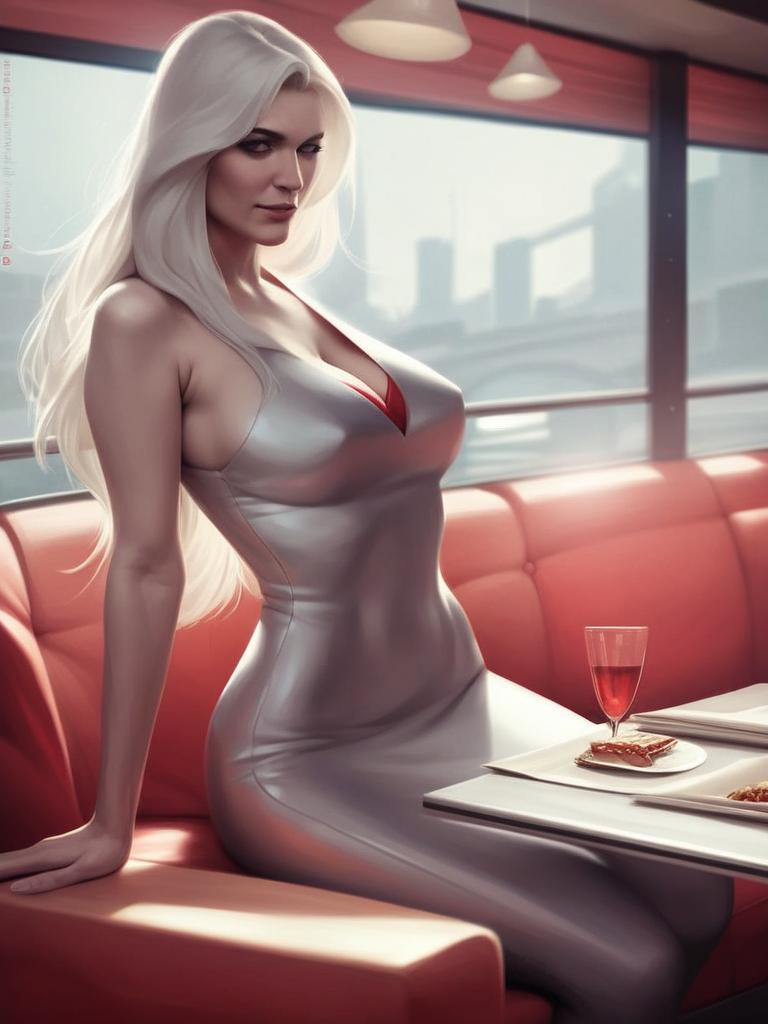AI generated hentai - The image shows a woman with long platinum-blonde hair sitting in a diner booth. She is wearing a ti