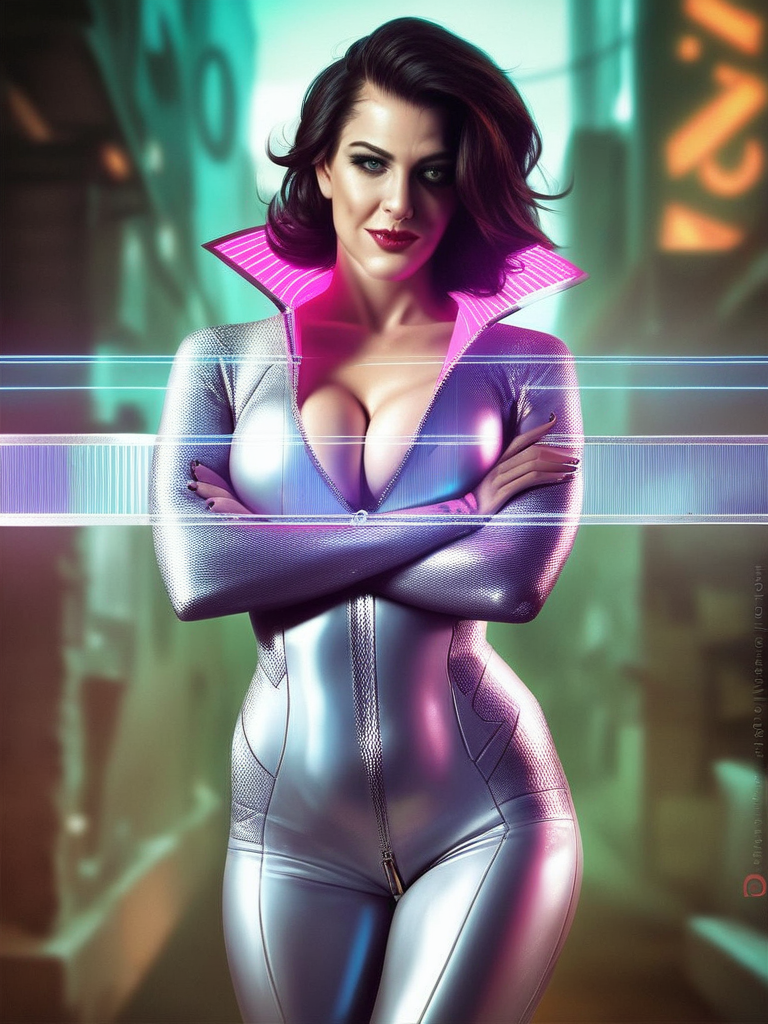 AI generated hentai - cyberpunk hacker woman, neon alley, bodysuit half-unzipped, holographic screens