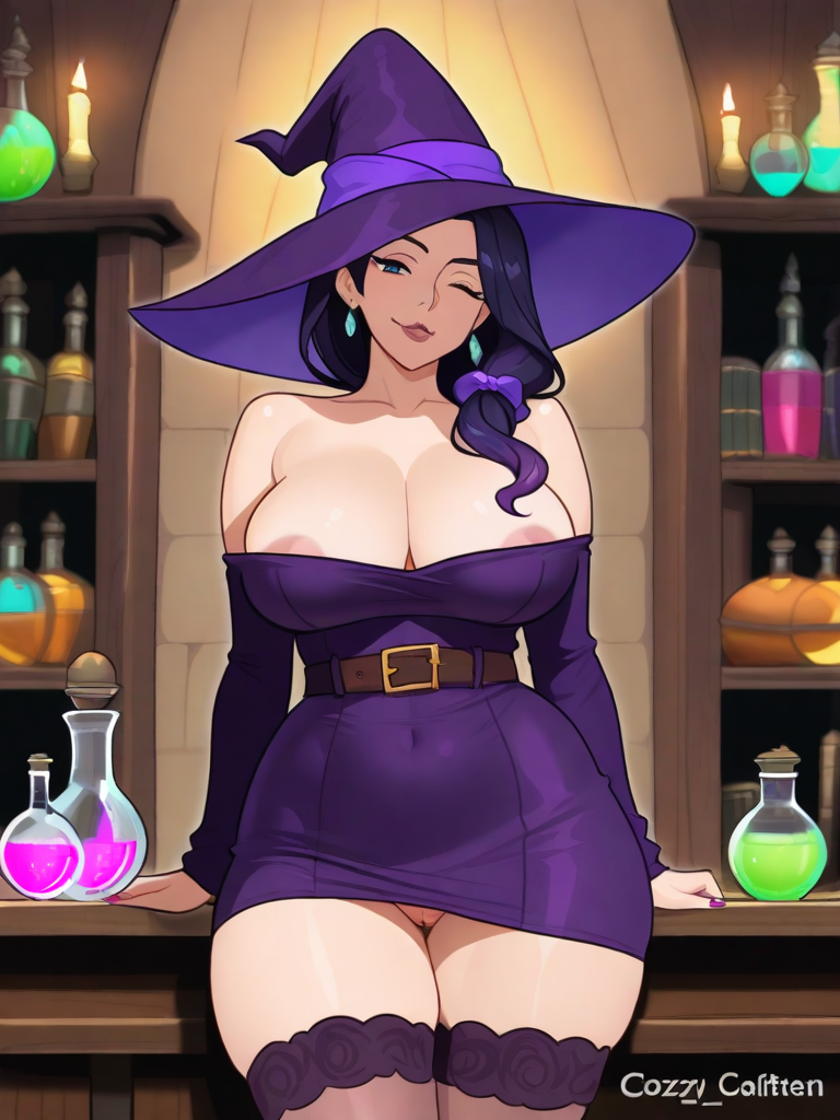AI generated hentai - witch brewing potion, cozy cottage, off-shoulder dress, playful wink