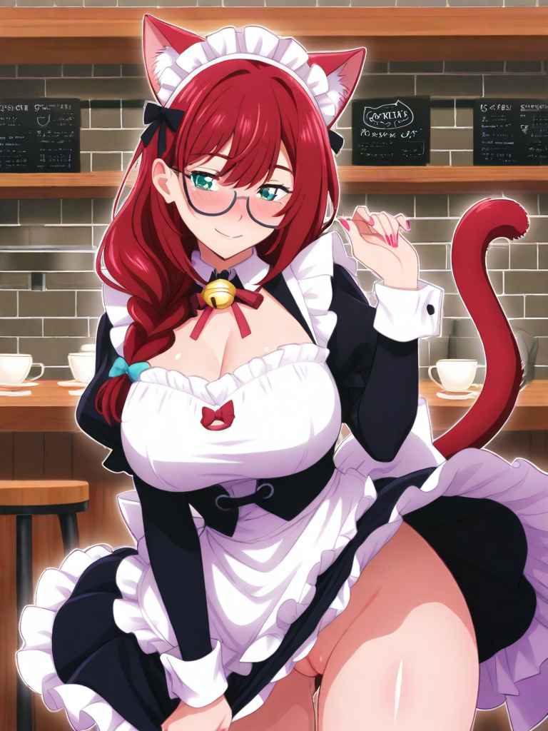AI generated hentai - catgirl maid, cozy cafe, embarrassed smile