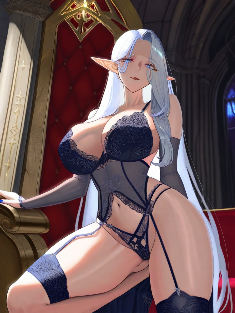 AI generated hentai - silver-haired elf queen, moonlit throne room, lingerie