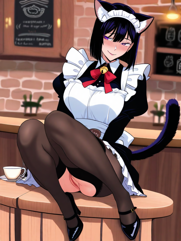 AI generated hentai - catgirl maid, cozy cafe, embarrassed smile