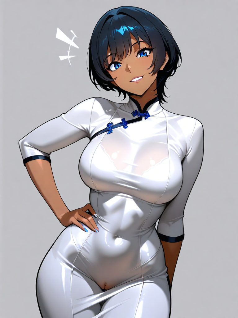 AI generated hentai - Dark haired wolf cut, dark skin, blue eyes, athletic build, slim, medium size breasts wearing a tigh