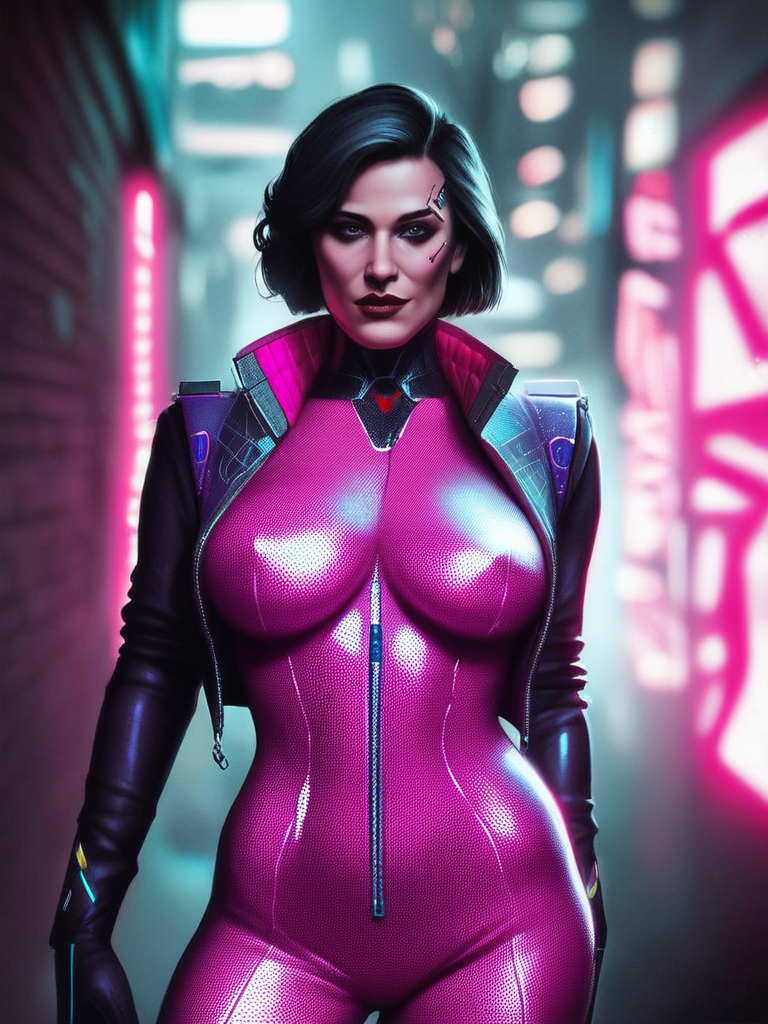 AI generated hentai - cyberpunk hacker woman, neon alley, bodysuit half-unzipped, holographic screens