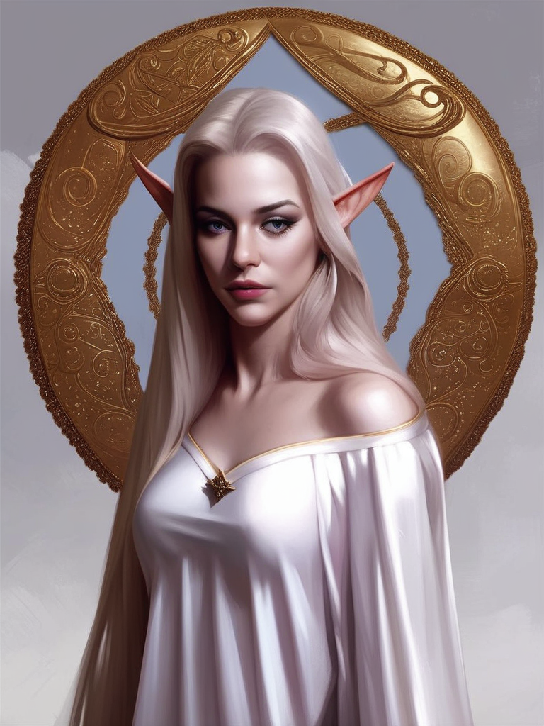 AI hentai: blond haired elf big tits medium large breasts white tall and fits violet lights taking of