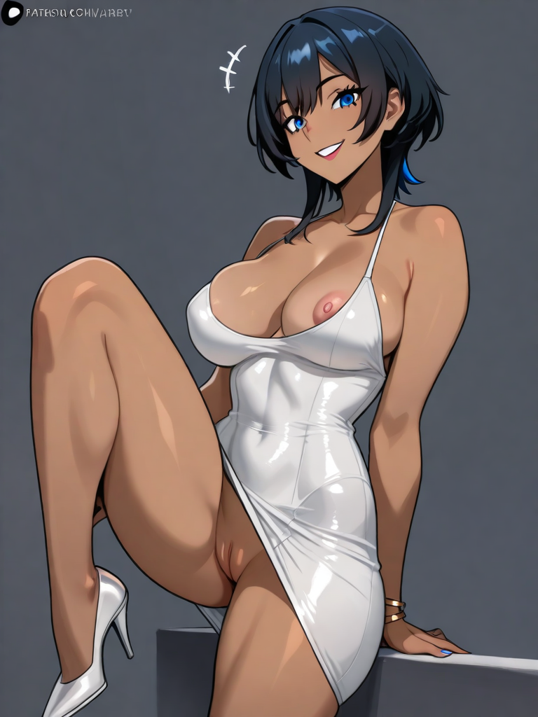AI generated hentai - Dark haired wolf cut, dark skin, blue eyes, athletic build, slim, medium size breasts, undressing fr