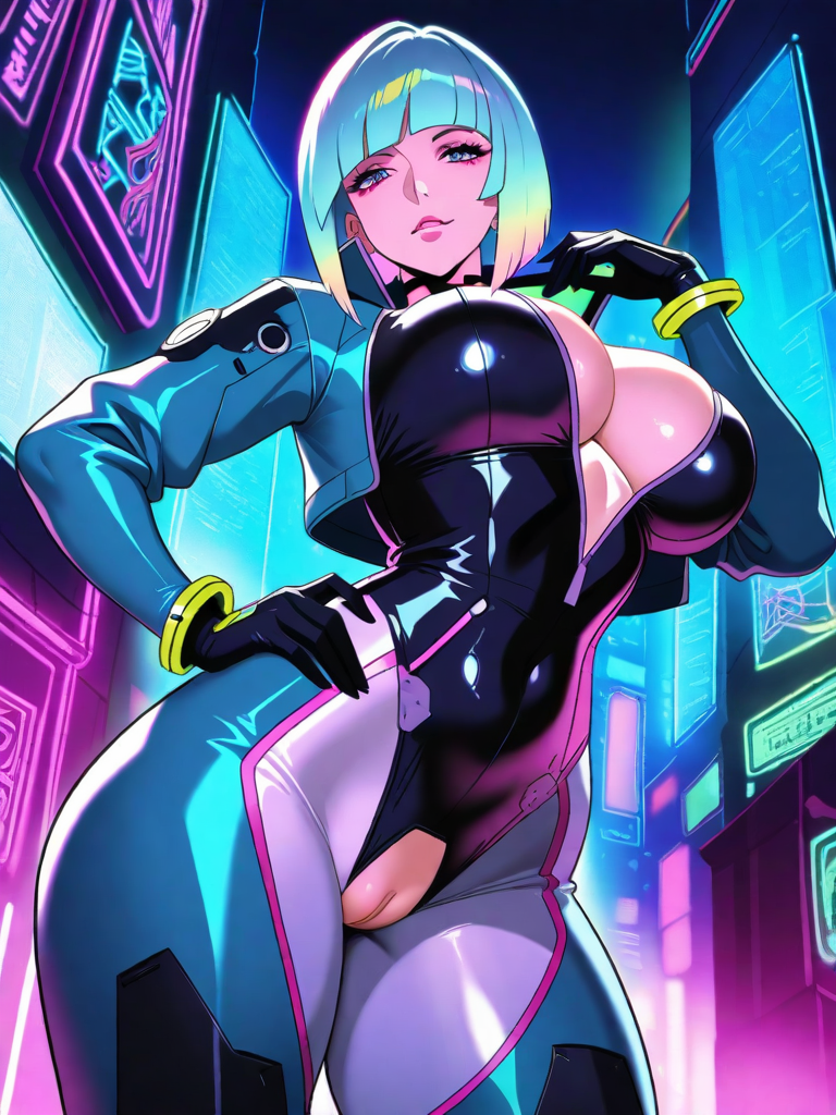AI generated hentai - cyberpunk hacker woman, neon alley, bodysuit half-unzipped, holographic screens