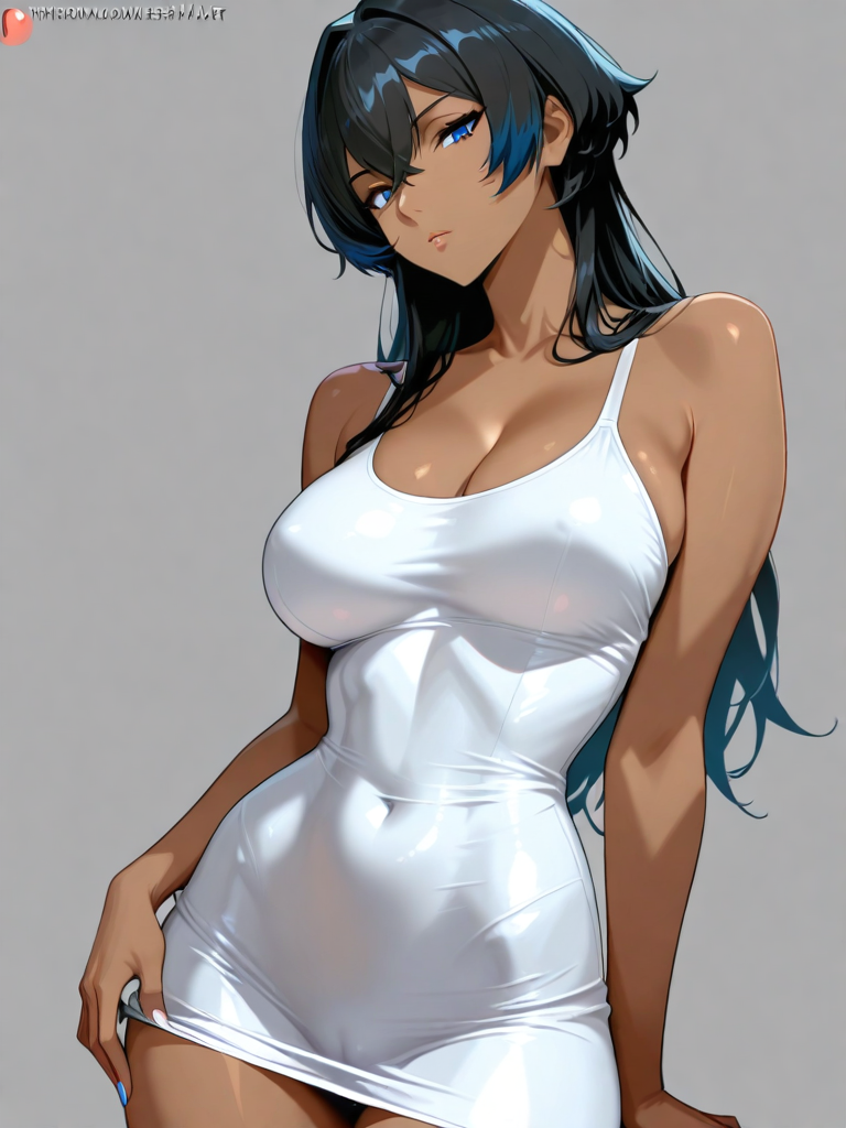 AI generated hentai - Dark haired wolf cut, dark skin, blue eyes, athletic build, slim, medium size breasts wearing a tigh