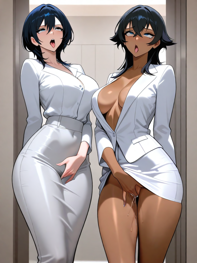 AI generated hentai - Beautiful face, Dark haired wolf cut, dark skin, blue eyes, slim, athletic build, wearing a skirt, m