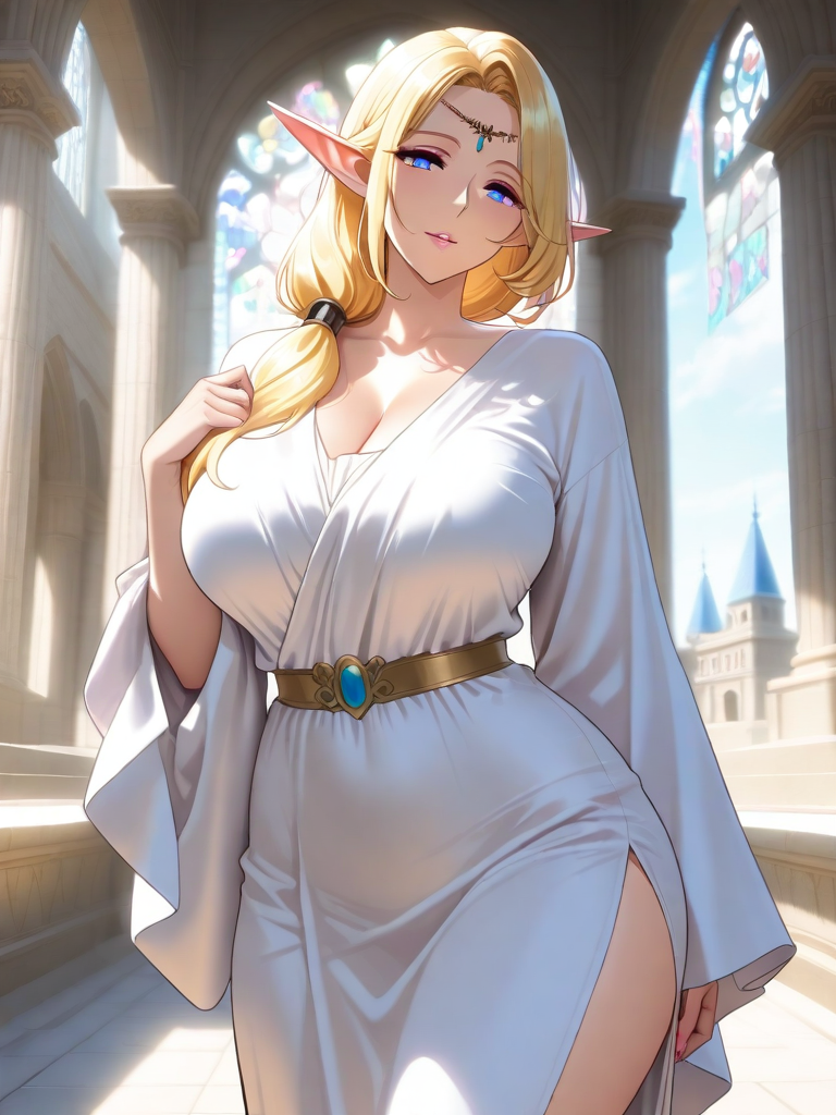 AI hentai: blonde elf priestess, temple, white robes slipping off